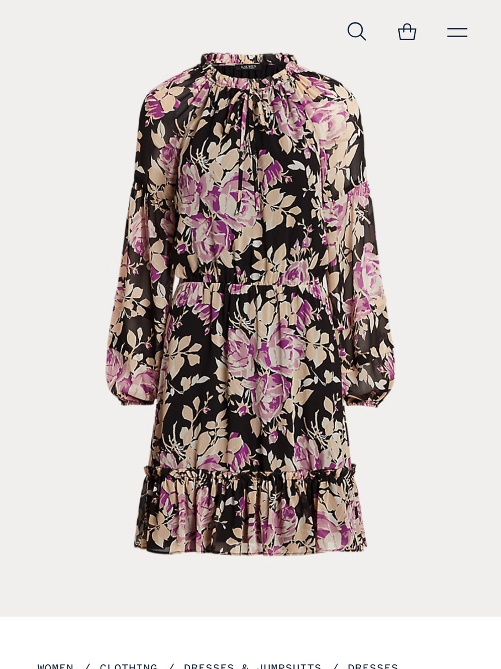 Ralph Lauren Black Floral Tie-Neck Long Sleeve Dress